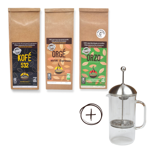pack kofé 532, cafe d'orge, orzo caffe et cafetiere à piston