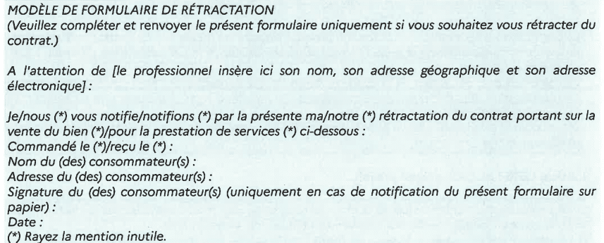 Formulaire Type Droit de rétractation